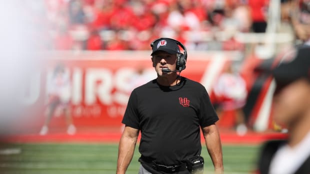 Utah Utes head coach Kyle Whittingham looks on from the sideline in the second quarter against the Oregon State Beavers at Rice-Eccles Stadium.